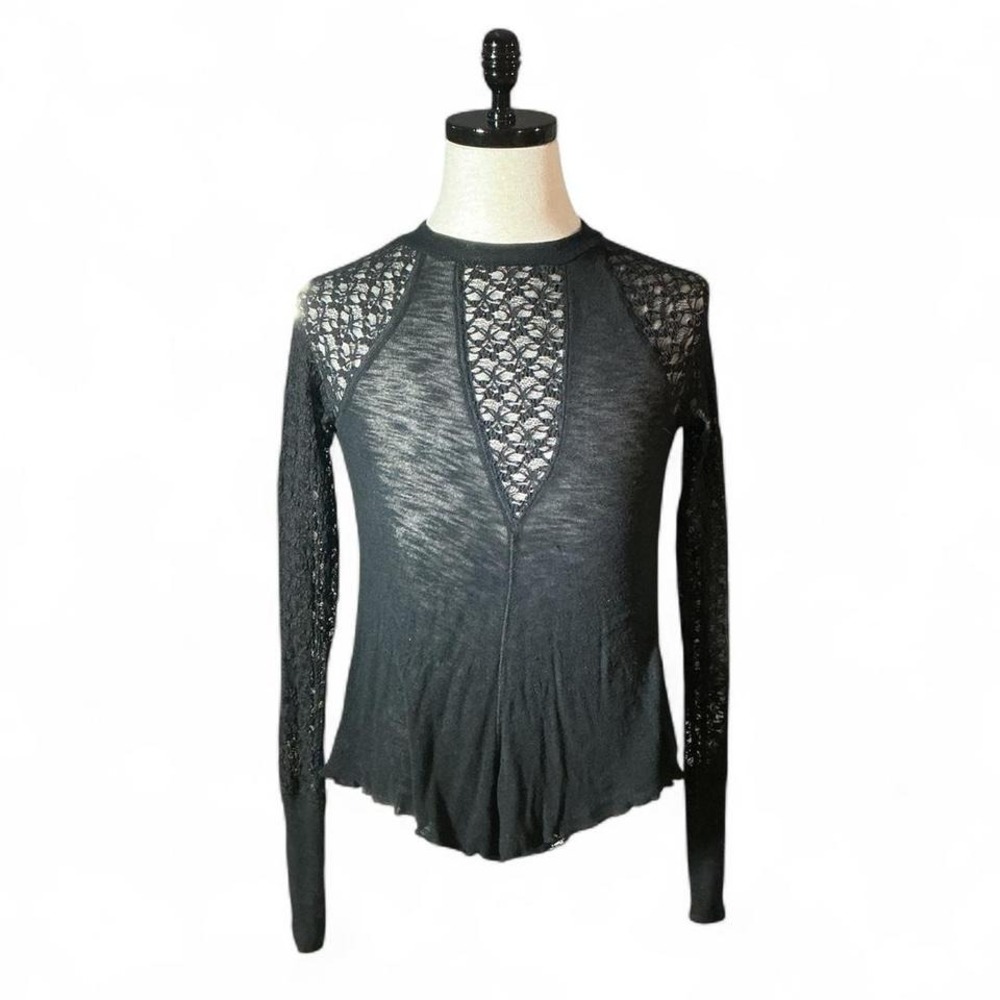 Free People Black Lace Illusion Long Sleeve Mesh Sheer Top XS Whimsigoth
